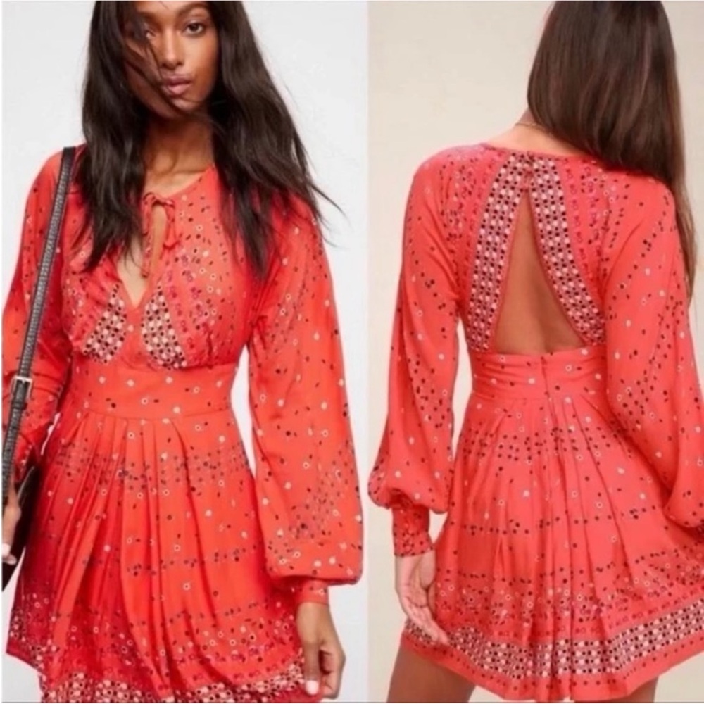 Free People Red Long Sleeve Dress with Pattern
